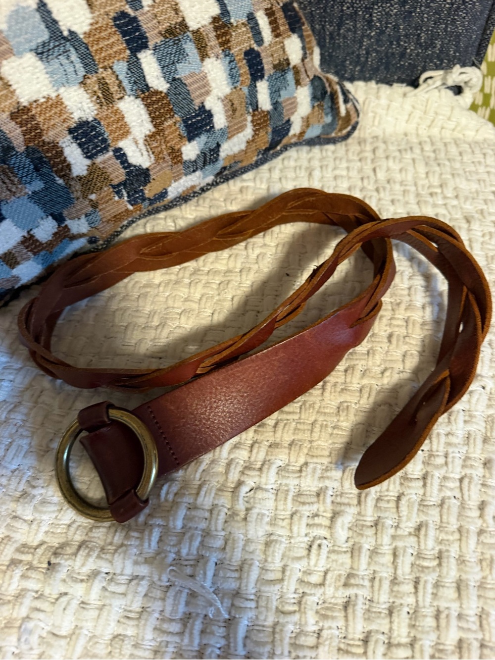 Braided Brown Leather Wrap Belt with Brass Ring
